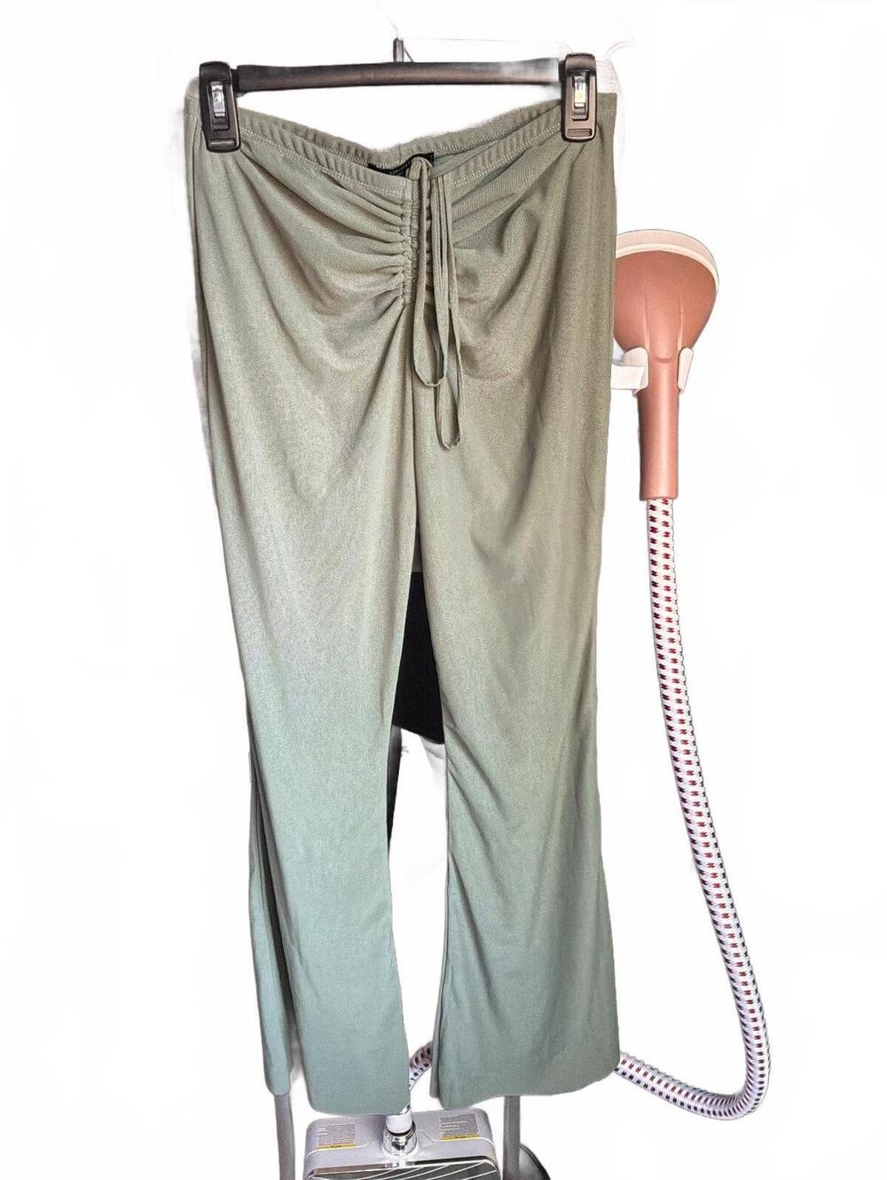 High Waisted Sage Green Front Ruched Tie Front Waist Stretch Bell Bottom Pants